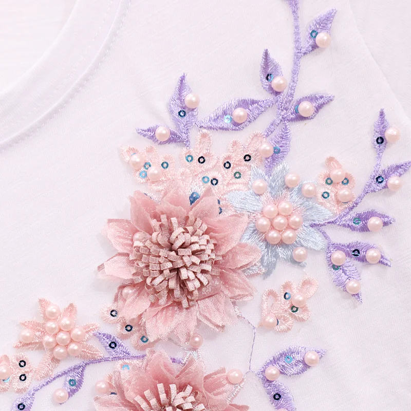 Deux bleu Ensembles Femmes Longs Pièces multi shirt Courtes Vintage Costume Nouveau Pantalon Printemps À White Denim Broderie T De Fleur Manches Jeans 2019 Dames xqSwZgc