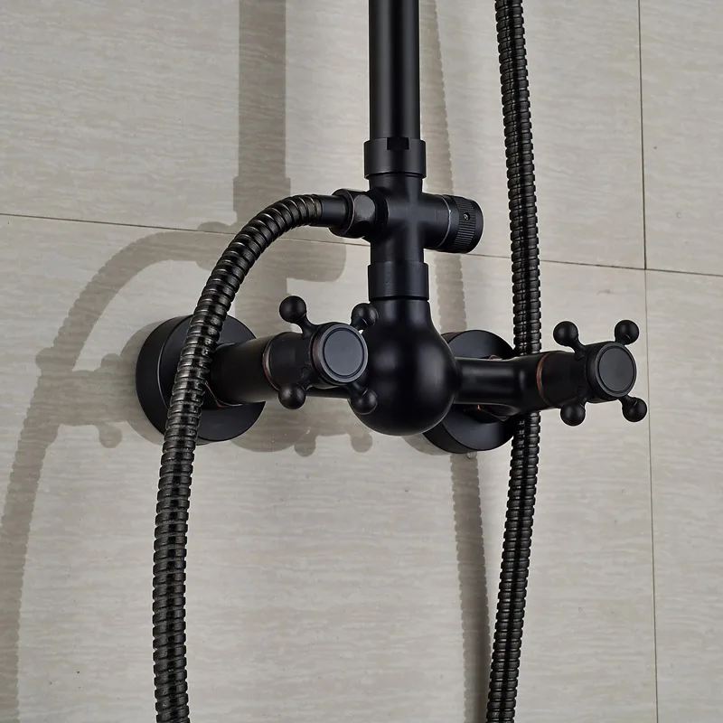 Настенный " Дождь Ванная комната Душ Набор кран черный бронзовый двойной ручкой душ краны горячей и холодной воды с ручной душ