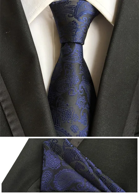 

mens fashion ties pocket square black tie set men blue paisley neckties business polyester silk tie handkerchief T013