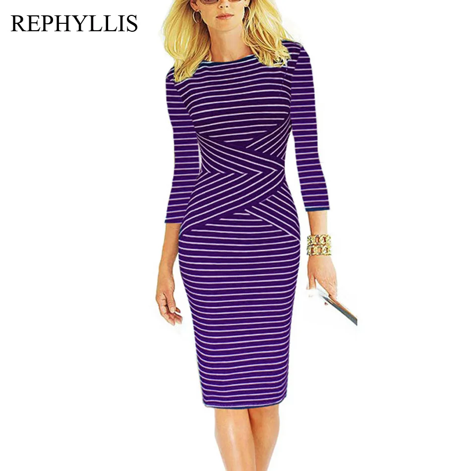 REPHYLLIS, женское Полосатое летнее платье с рукавом 3/4, для работы, бизнес, коктейльное, вечерние, для офиса, повседневное, облегающее, сексуальное платье