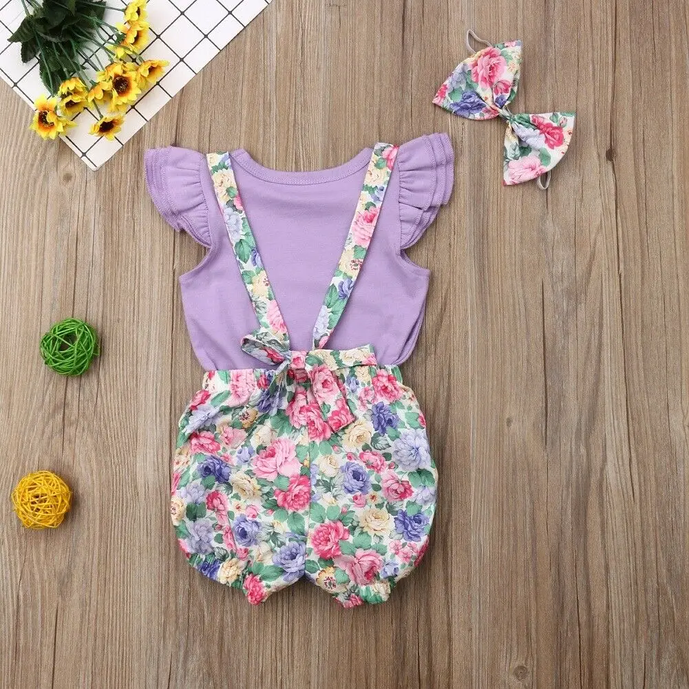 

Baby Girls Ruffle Sleeve Top + Floral Bit Shorts + headband 3pcs Bodysuit Set