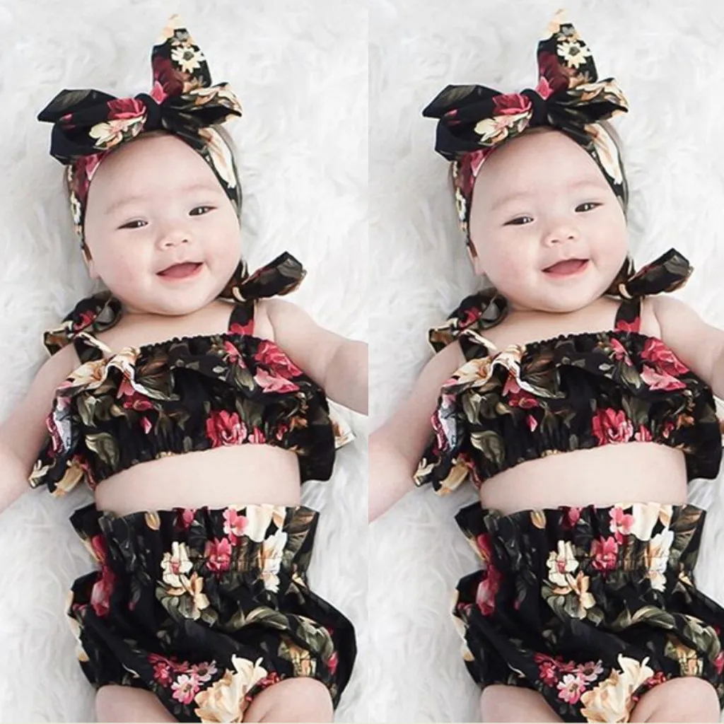 

Toddler Baby Kids Girls Clothes Set Infant Baby Kid Girl Sleeveless Straps Floral Tops+Shorts+Headband Outfits Sets clothes