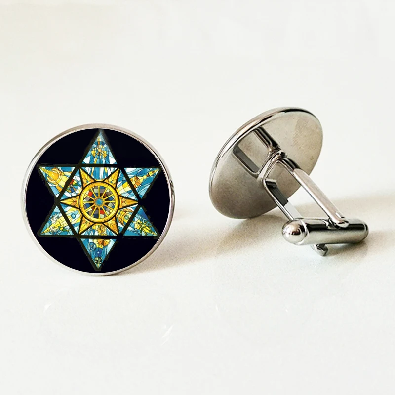 

Magen Star Of David Fashion Men Cufflinks Geometry Pentagram Art Glass Cufflinks Jewish Shield Symbol High Quality Men Cufflinks