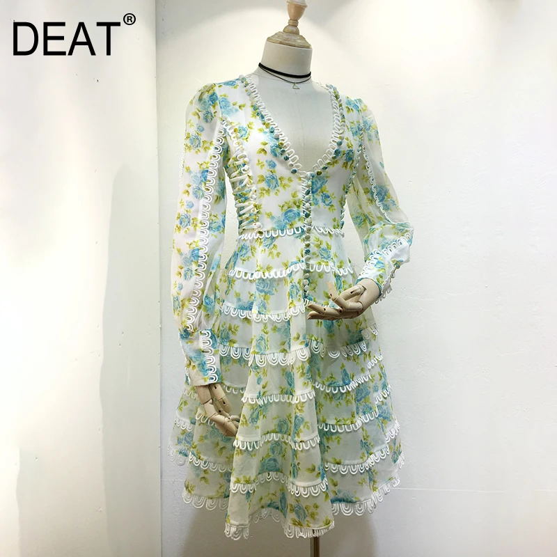 

[DEAT] High Quality 2019 Spring Fashion New Sweet V Collar Lantern Long Sleeve Print Flower Women's A-line Dress Tide YC78