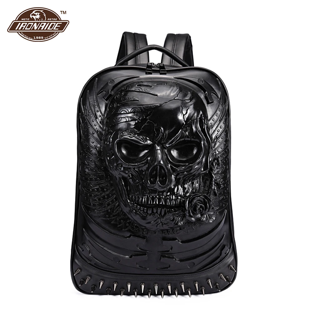 

Motorcycle Backpacks Waterproof Motorcycle Bag PU Leather Backpack 3D Embossed Skull Shoulder Bag Retro Vintage Rivet Bag Black