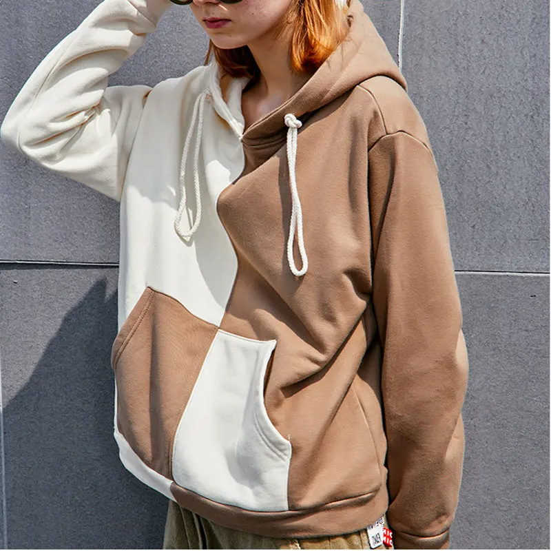 2018 с капюшоном в стиле пэчворк Drawstring передний карман укороченные Для женщин