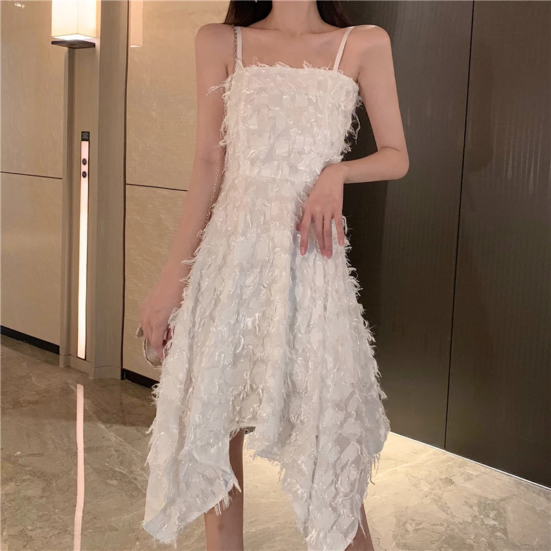 

summer Sexy Beach Asymmetrical Dress Female Feather Fringed Sling Dress Boho Holiday Party Women Dress Vestidos G382