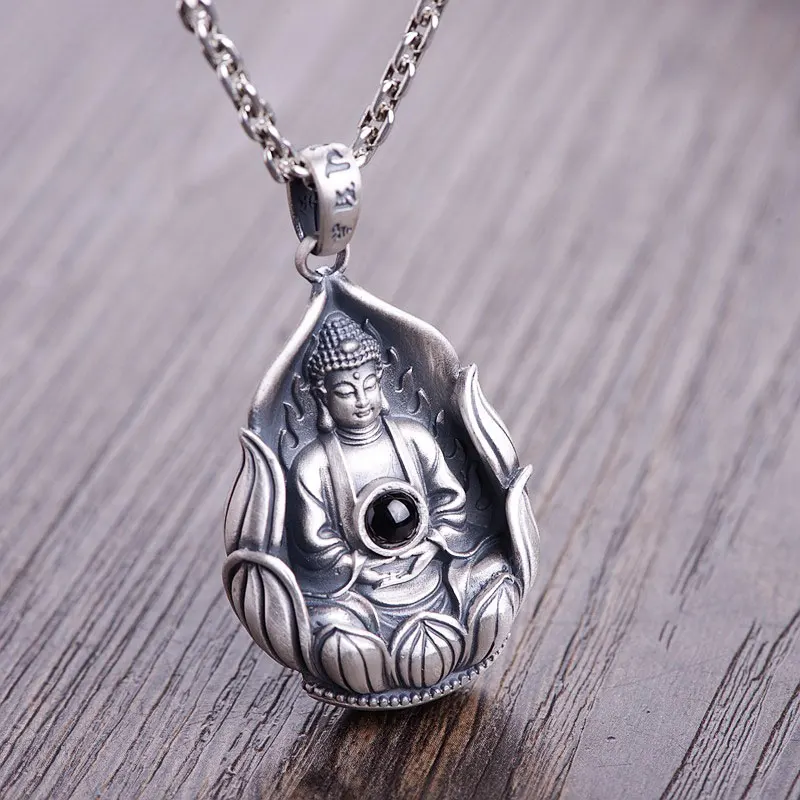 

FNJ 925 Silver Buddha Pendant Lotus Punk Original Pure S925 Thai Silver Pendants for Men Jewelry Making