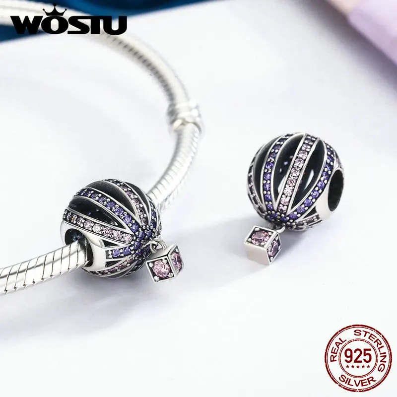 

WOSTU Hot Sale 925 Sterling Silver Purple CZ Hot Air Balloon Beads Fit Original WOST Charm Bracelet Necklace Jewelry BKC352