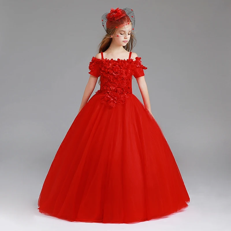 2018 белый красный для девочек в цветочек платья с коротким рукавом для девочек платье для торжеств детский бальный наряд с цветочной