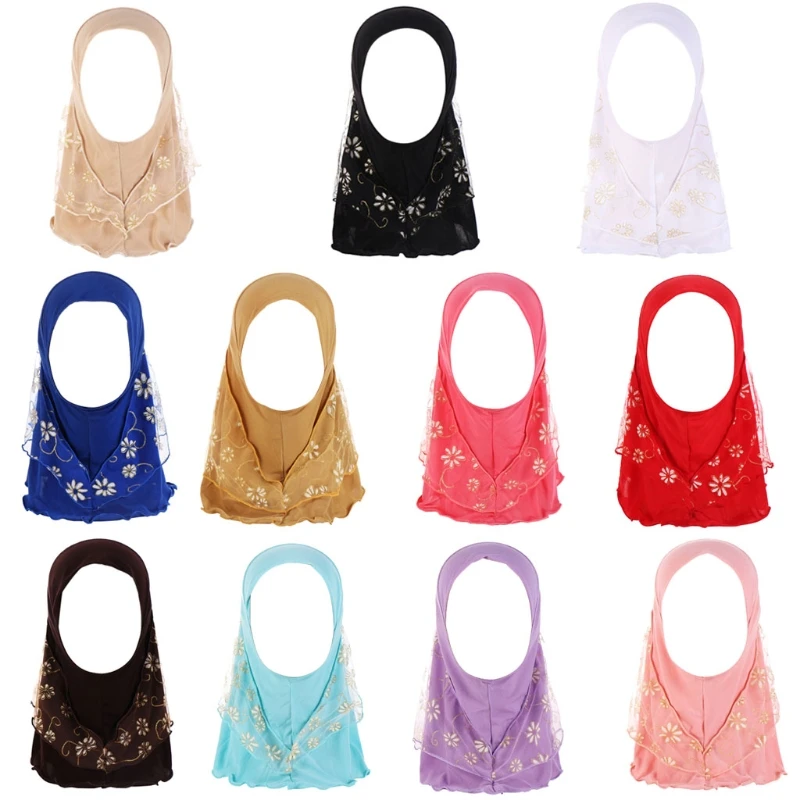 Детский мусульманский хиджаб для маленьких девочек с кружевным исламским шарфом, шали, Эластичный Тюрбан, хлопковый шарф