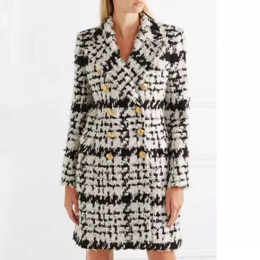Mélanges Femmes Paletots Long Plaid Manteau Américaine Hiver Mode À Laine Européenne Boutons Et Double Boutonnage KcF13JTl