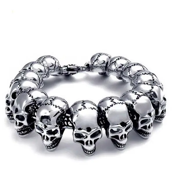 24mm Huge Heavy Men Skull Bracelets 316L Stainless Steel Silver Men's Biker Skeleton Skull