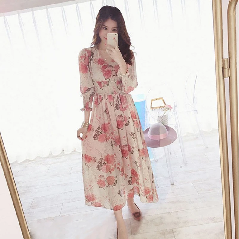 

Women Floral Print Chiffon V-neck Dress Loose Long Sleeve Sexy Slim Waist Long Vintage Spring Summer Dress