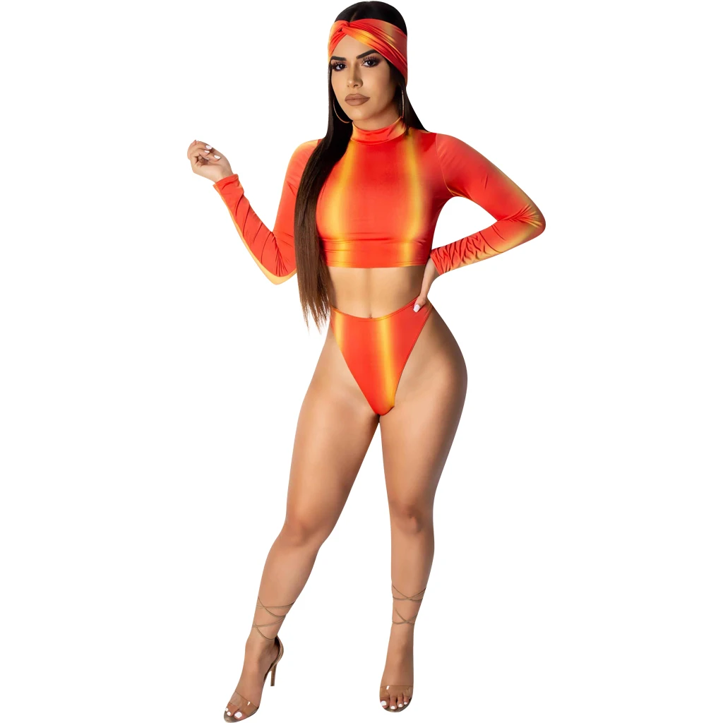 

Sexy 3 Piece Swimwear Outfits Women Summer Long Sleeve Crop Top And Bodycon Shorts And Head Scarf Bikini Set Beach Swim Suits