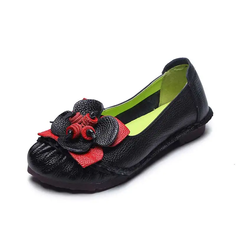 BeckyWalk/женские летние Мокасины с цветочным принтом; повседневная обувь; высококачественные женские балетки на плоской подошве; лоферы из натуральной кожи; WSH2942 - Цвет: Черный