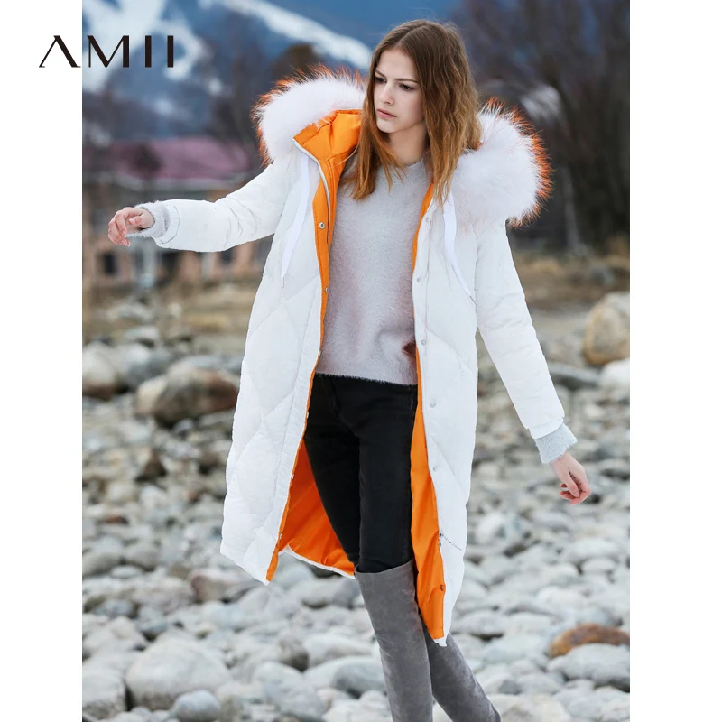 Kopen Amii Warm Hooded Down Jas Vrouwen Winter 2018 Causale Licht Warm Losse Bontkraag Parka 90% Witte Eendendons Lange jas