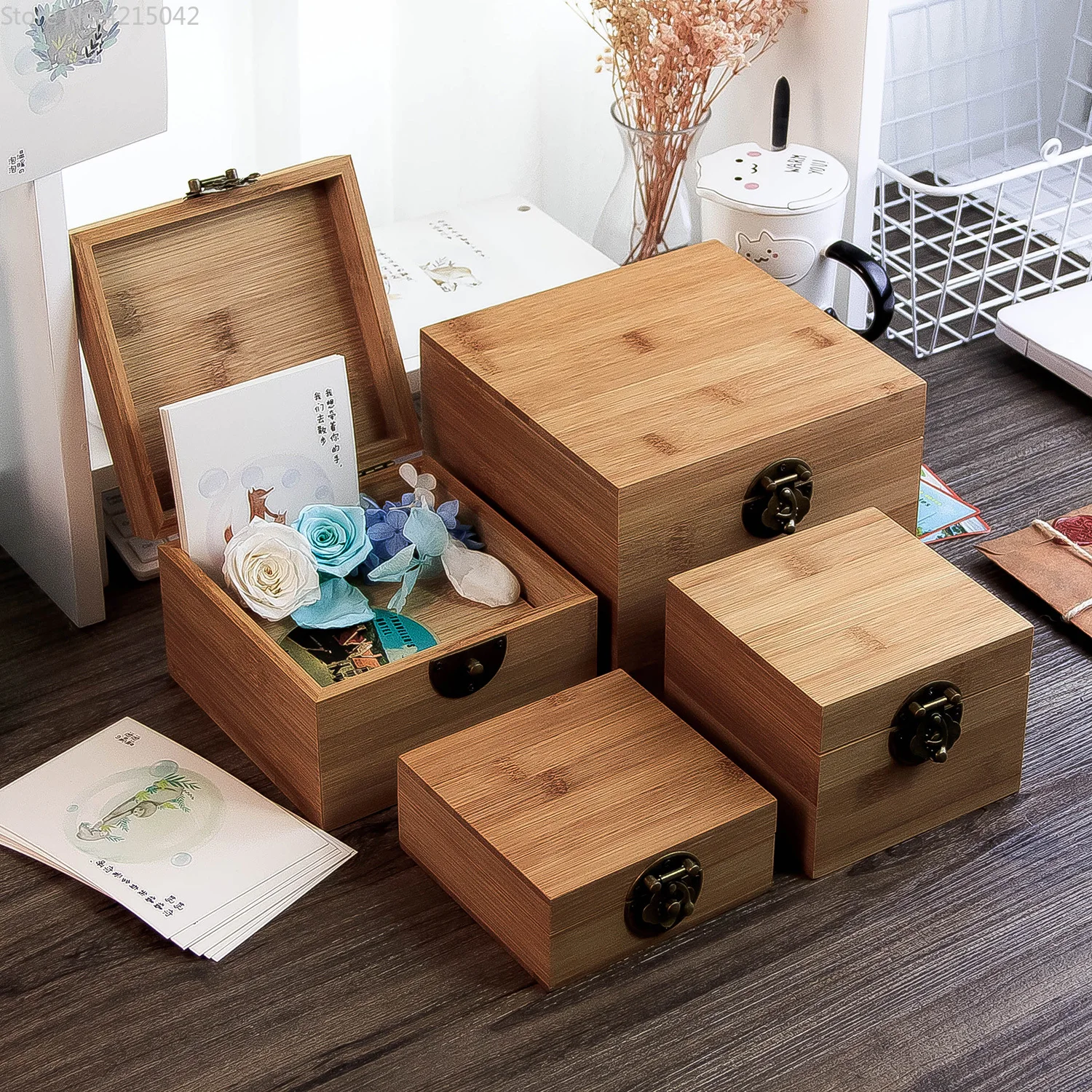 

Bamboo Box Square Desktop Key Cotton Swab Storage Box Jewelry Storage Collection Packaging Makeup Organizer Trinket Boxes