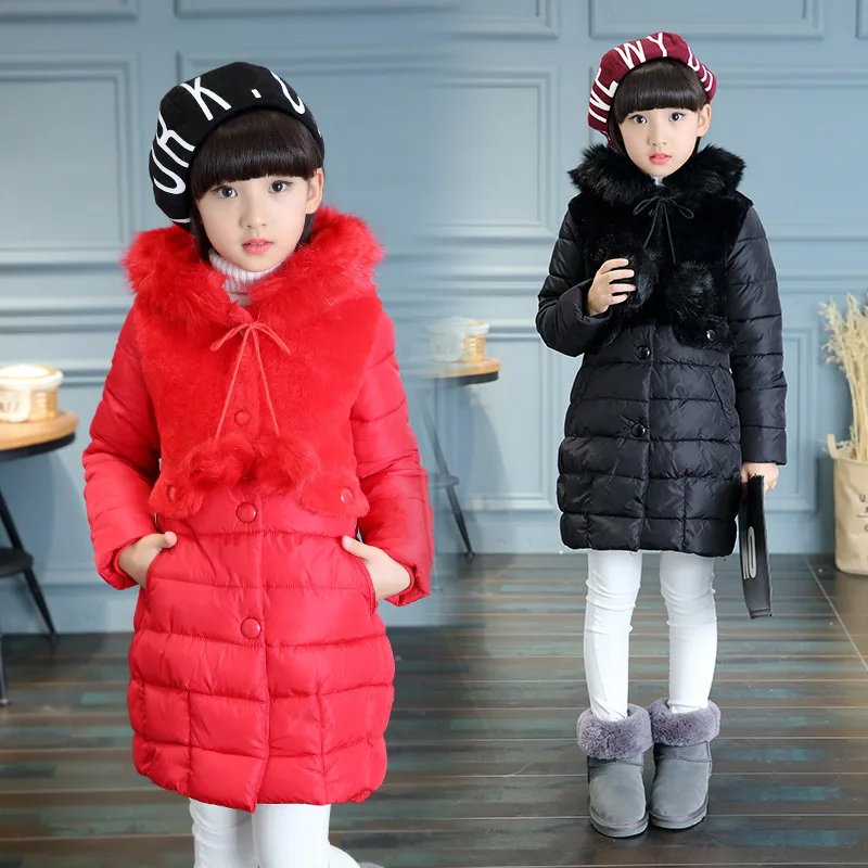 

fur patchwork children clothing girls coats red black cotton padded hooded long winter jacket for girls outerwear thick clothes