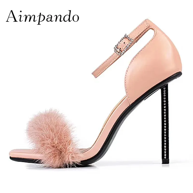 

2019 Feather Gladiator Sandals Woman Peep Toe Rhinestone Strange High Heel Shoes Women Sexy Party Shoes