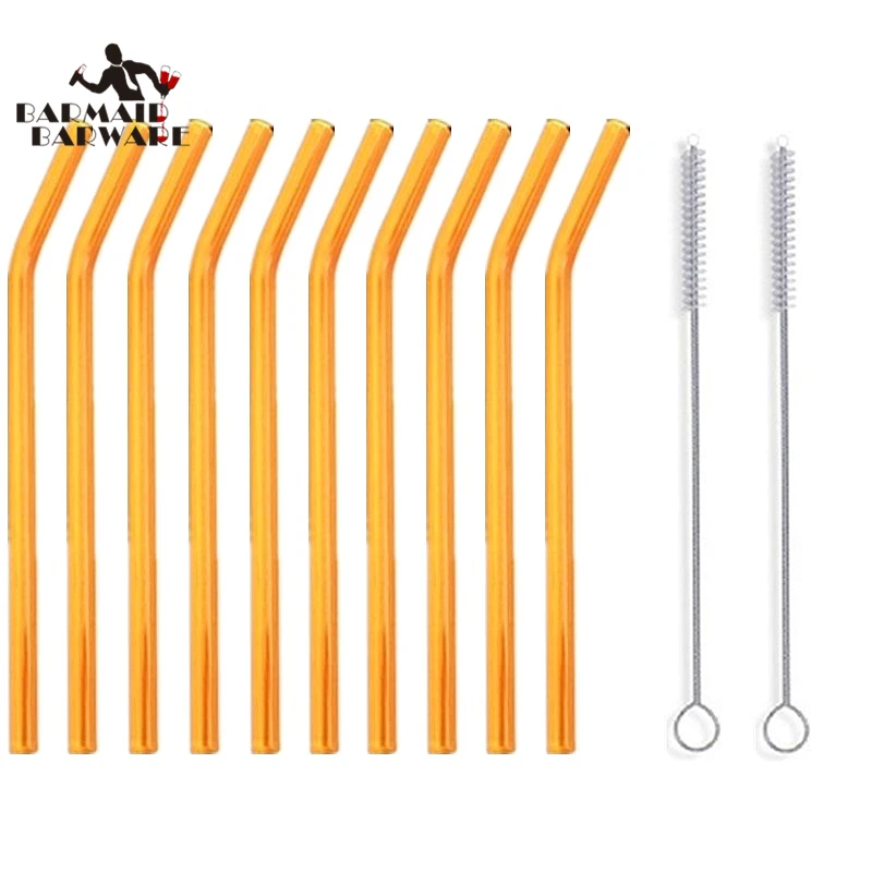 

10Pcs Brown Glass Straws Clear Bent 18cm" x 8 mm - Perfect Reusable Straw For Smoothies, Tea, Juice --With 2Pcs Cleaning Brush