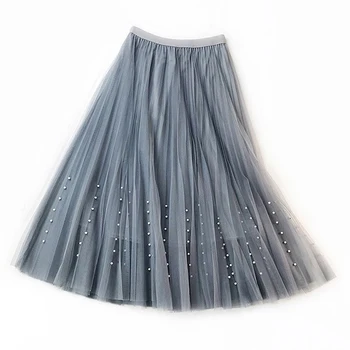 

Solid 3 Layer Female Pleated High Waist Tutu Skirt Beading Tulle Mesh Midi Half Length Elastic Elegant Cute Skirt Pink Black