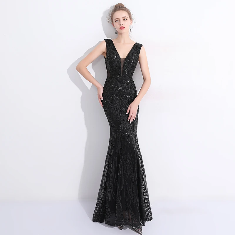 Solovedress сексуальное платье из ткани с v-образным вырезом и блестками, длинное вечернее платье русалки, Черное женское вечернее платье vestido de fiesta SLD-SLP9001