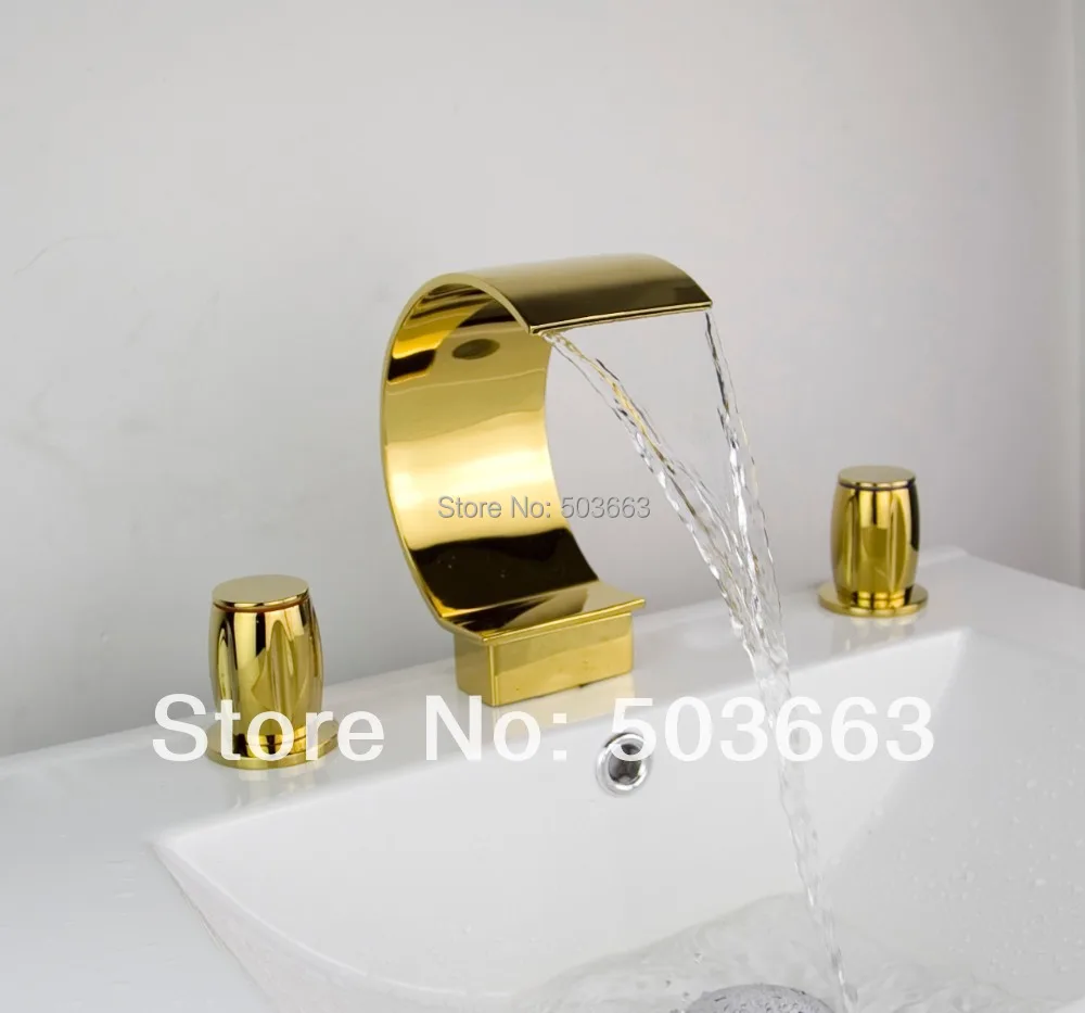 98092/4 Best Waterfall 3 Pieces 2 Lever Bathroom Bathtub Basin Sink Polished Golden Vanity Mixer Tap Deck Mounted Faucet