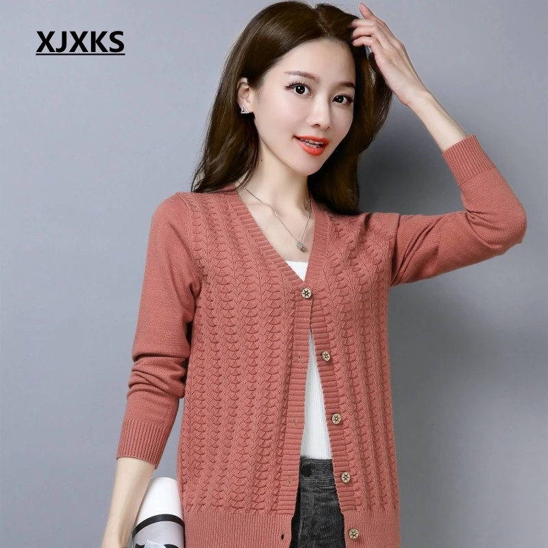 

XJXKS Exquisite workmanship women v-neck cardigan sweater good quality single breasted blends wool knitted women sweater coat