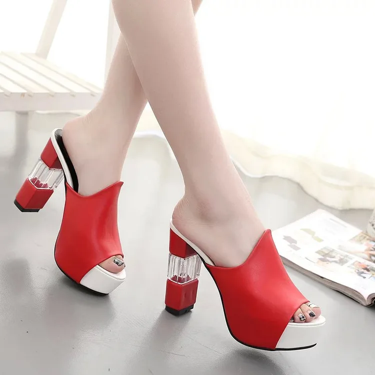 018 пикантные летние женские элегантные красные босоножки на высоком каблуке обувь на платформе с открытым носком обувь на массивном каблуке с кристаллами модная женская обувь на толстом каблуке 40
