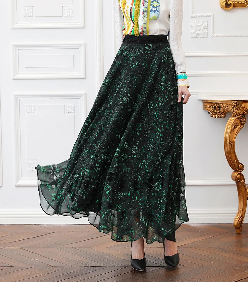 VOA шелк жоржет юбки длинные качели юбка для женщин; Большие размеры 5XL темно-зеленый с принтом Boho середины талии Повседневное Мори девушка одежда C353
