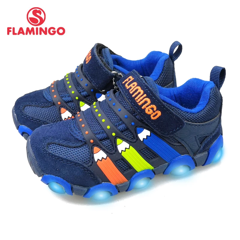 FLAMINGO Brand Leather Insoles LED Spring& Summer Children Walking Shoes Size 23-28 Kids Sneaker 91K-SM-1239/ 91K-SM-1240 aetoo spring and summer new leather handmade handmade first layer of planted tanned leather retro bag backpack bag