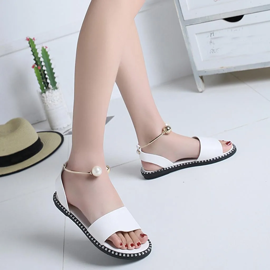 

Summer Women Ladies Sandals Fashion Solid Round Toe Pearl Buckle Non-slip Soft bottom Causal Sandals Shoes Woman Zapatos Mujer
