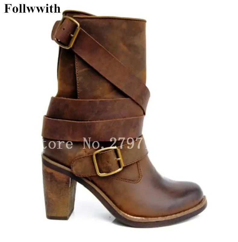 

Newest Warm Retro Belt Buckle Brown Short Boots Chunky Heel Round Toe Soft Leather Motorcycle Boots Cowboy New Boots