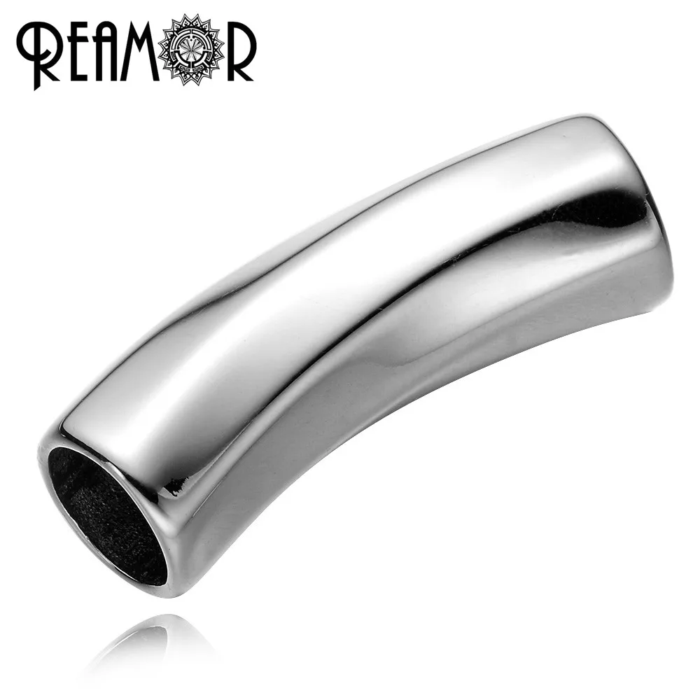 

REAMOR 8mm Polishing/Frosted 316l Stainless Steel Bent Silver Tone Cylinder European Charms Beads For Leather Bracelet Jewelry