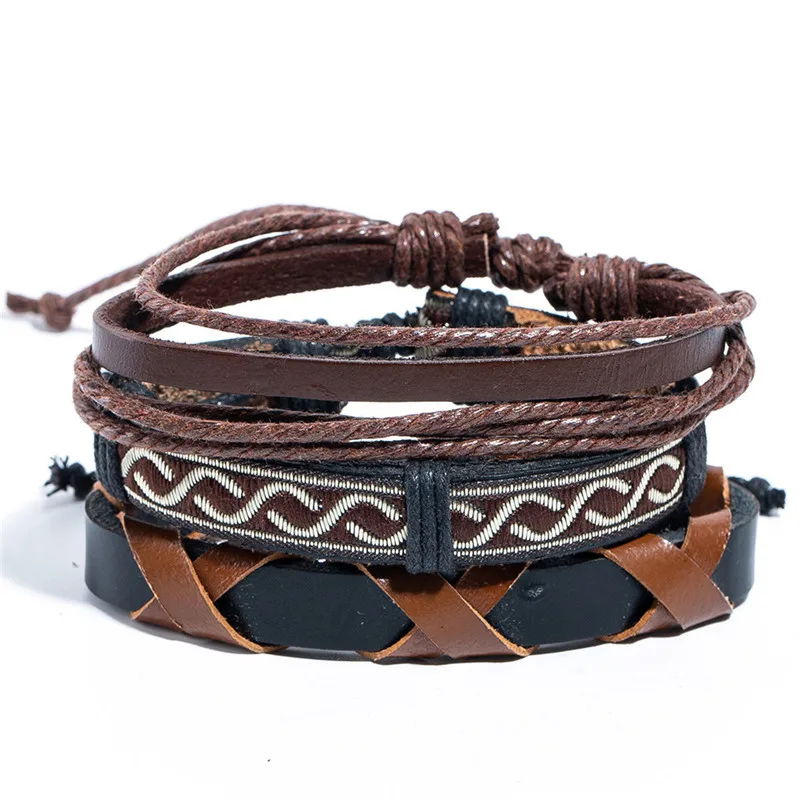 Wholesale 4pcs/lot Handmade ethnic tribal genuine rope wrap charming male pulsera black brown braided leather bracelets bangles - Окраска металла: B020461B