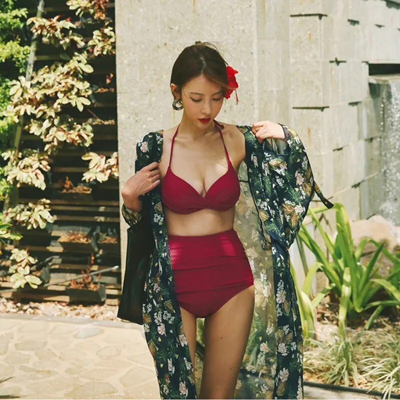 

Two Pieces Women Swimsuit High Waist Bikini Halter Swimwear Solid Color Red Beachwear Push Up Swim Beach Wear Bikini Set
