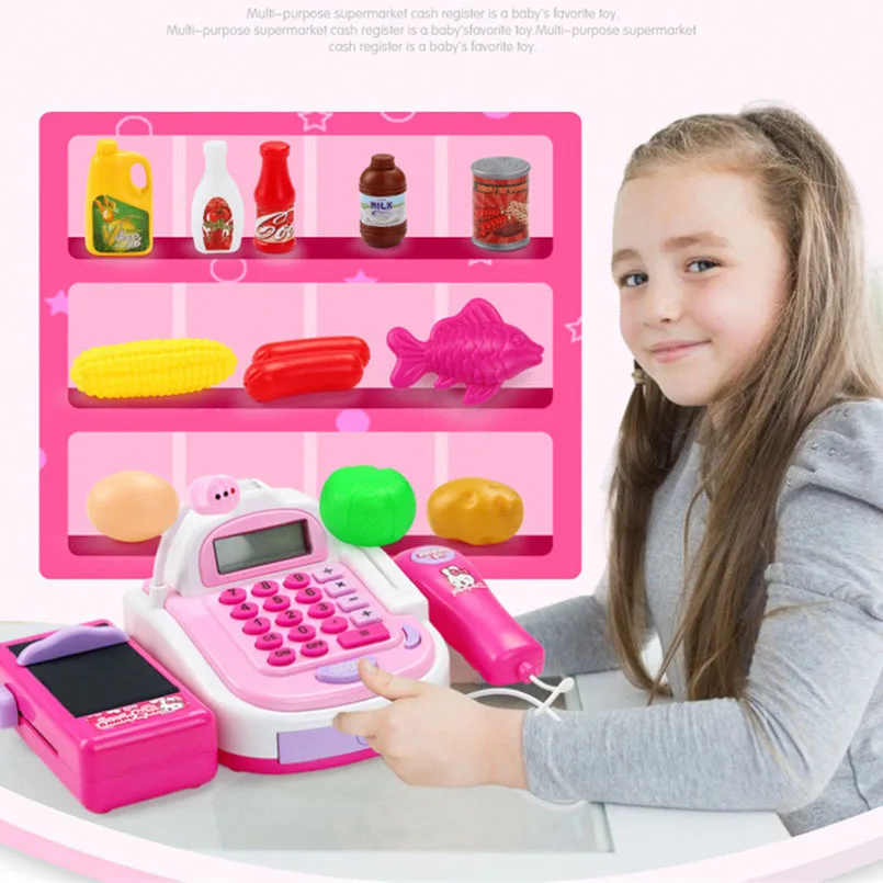 Mini Simulation Supermarket Cashier Cash Register Toy Checkout Counter Foods Goods Kids Toy Pretend Play House Toys For Girls 2