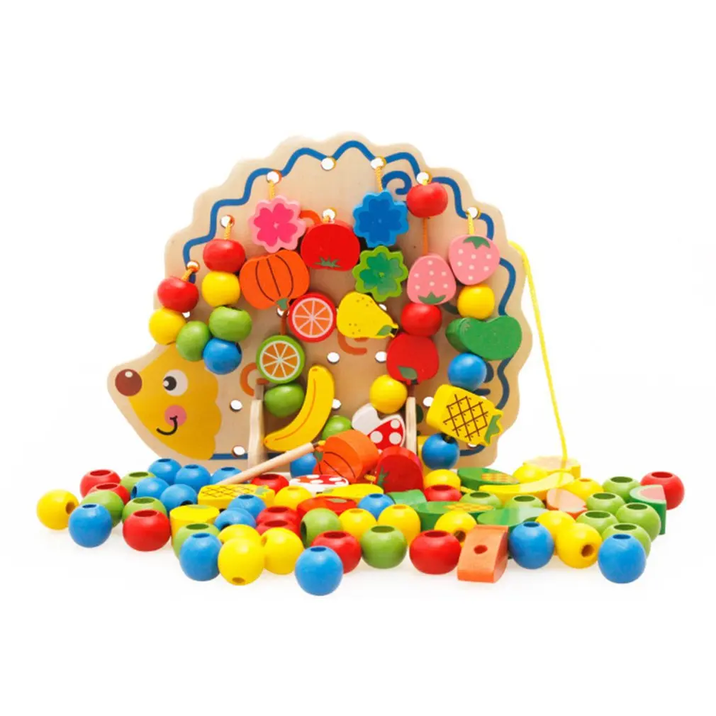 Деревянные строительные блоки в виде Ёжика, фрукты, овощи, бусины, строительные нити, игрушки, ранние Развивающие головоломки, игрушки для детей, подарки - Цвет: Многоцветный