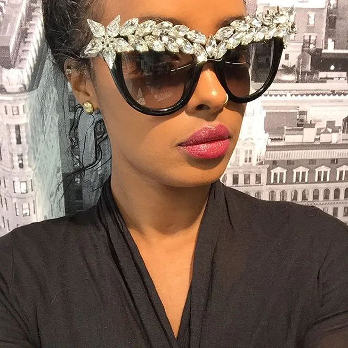 Женские солнцезащитные очки больших размеров с украшением из кристаллов, кошачий глаз, Королевский стиль, UV400, винтажные Роскошные цветные очки с бриллиантами