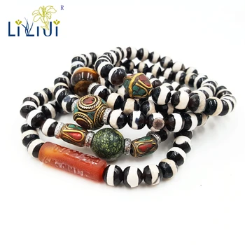 

LiiJi Unique One Line Pattern Stripe Medicine Buddha beads,Tibetan Dzi Beads,Tiger-eye,Jaspers ,Turquoises bracalace