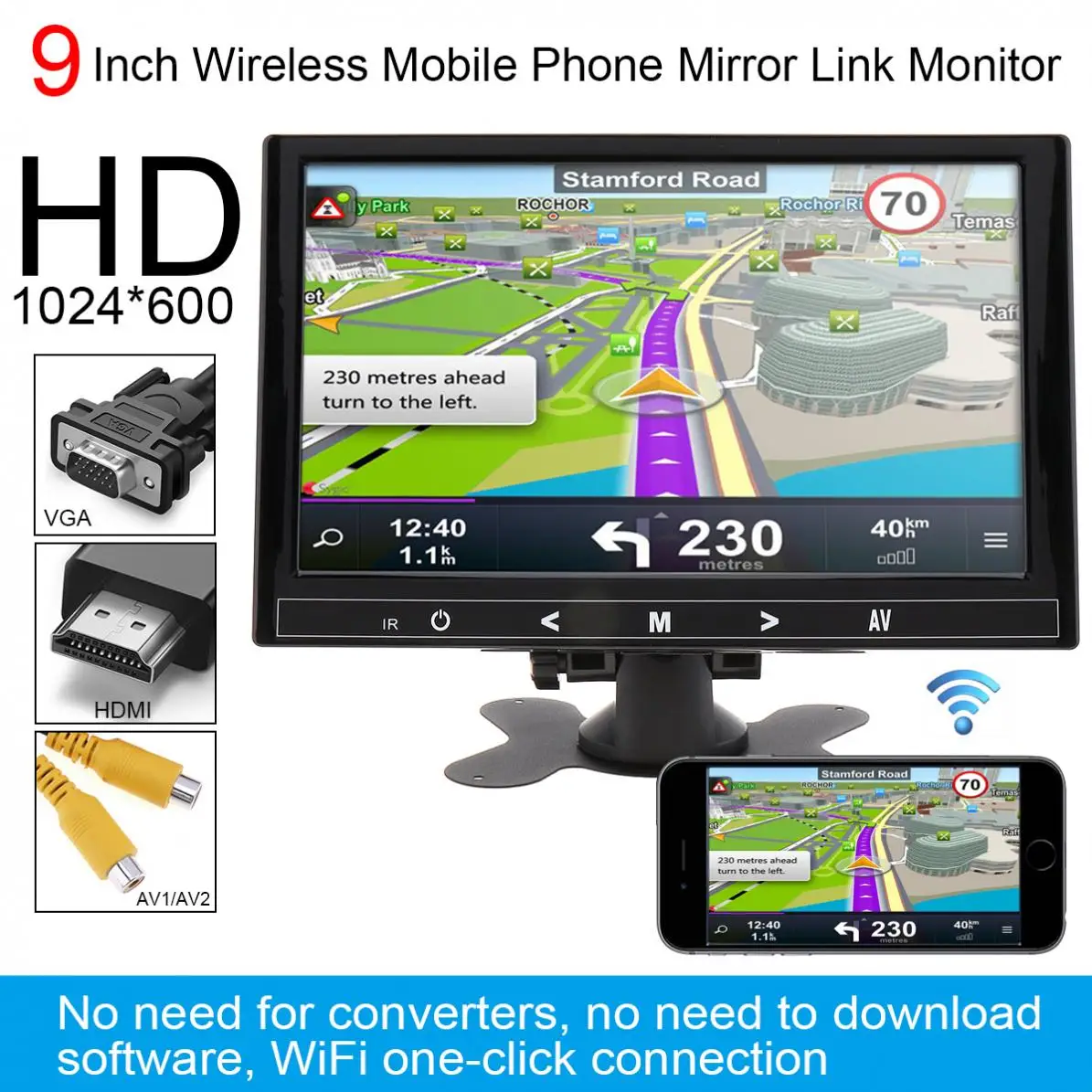  9 Inch 12V IPS 1024*600 TFT LCD Color Multifunction Car Headrest Monitor Support HDMI/VGA/AV/Wirele