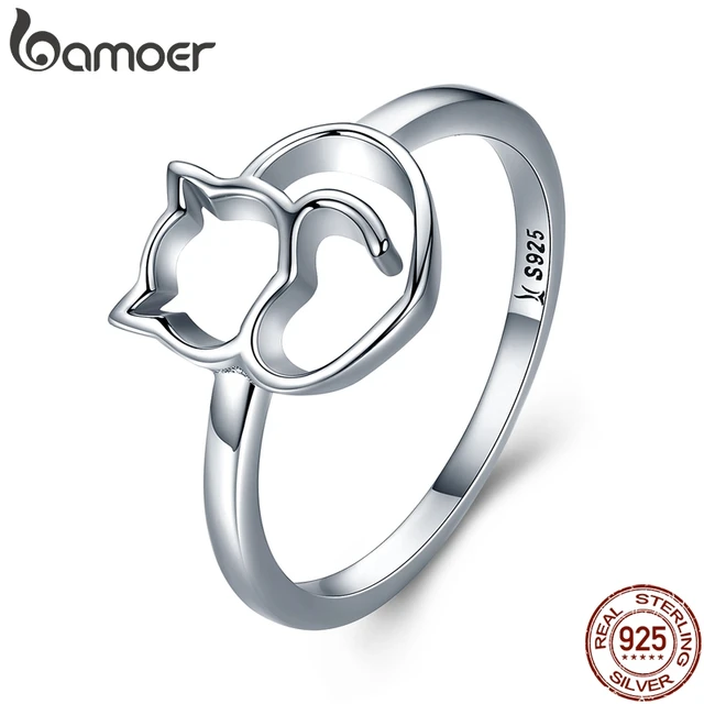 BAMOER Authentic 100% 925 Sterling Silver Naughty Little Cat & Heart Finger Ring BAMOER Authentic 100% 925 Sterling Silver Naughty Little Cat & Heart Finger Ring