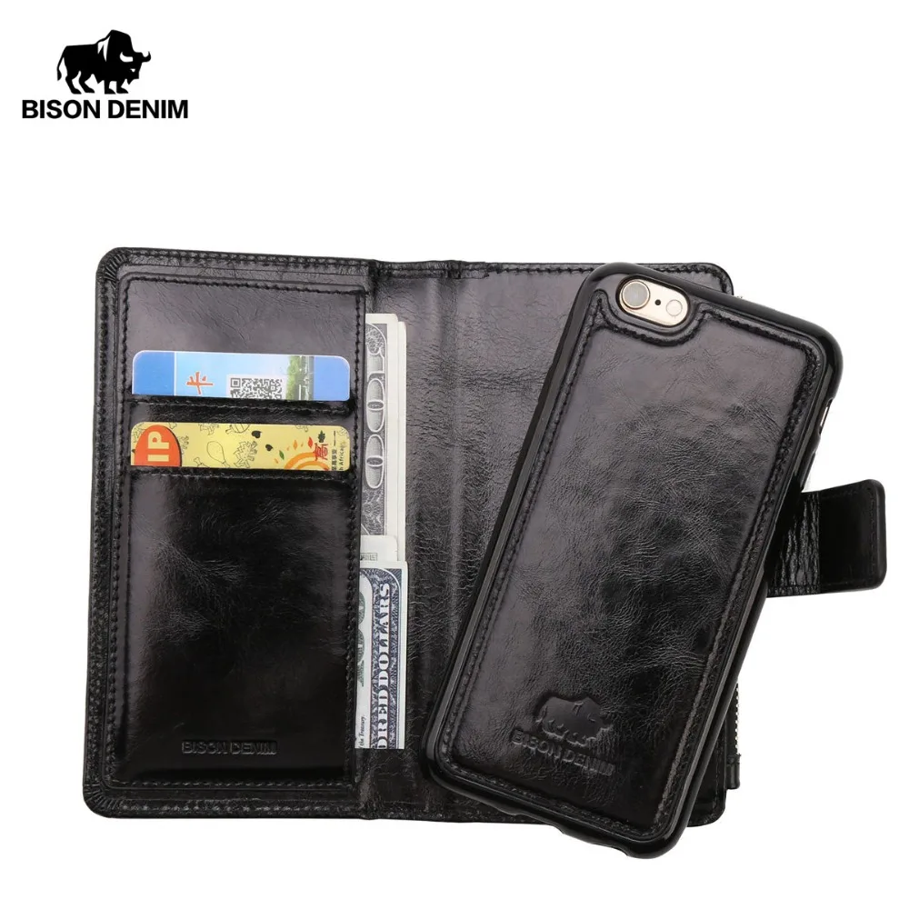 BISON DENIM Genuine Leather Wallet Men Case Card Holder Iphone 6 7 plus Leather Cover Flip ...