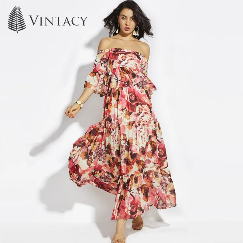 Vintacy Maxi Chiffon Dress Red Floral Sexy Off Shoulder Ruffles Summer Dress Women Flare Sleeve Pleated Plus Size Long Dress