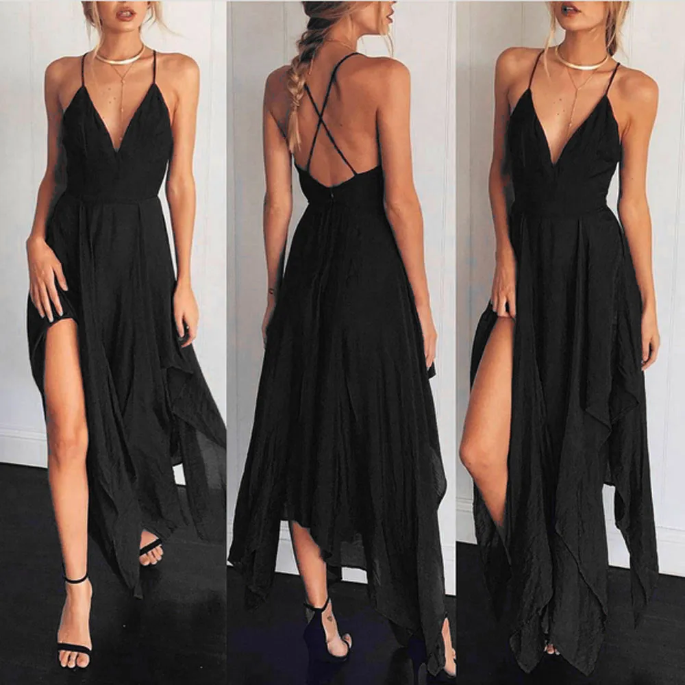Women Backless Long Dress Summer Boho Strap Maxi Dress Evening Party V Neck Beach Dresses Sundress Soild Black Halter Dress
