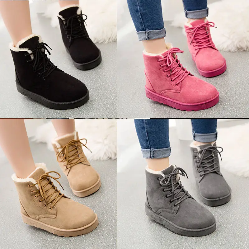 Women's Ladies Lace Up Fur Lined Boots Winter Snow Ankle Boots Flat Shoes