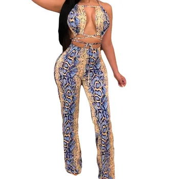 

2019 3 Color Backless Halter Sexy Jumpsuit Female Sleeveless Snakeskin Print Long Romper Summer Lace-Up Beach Playsuits