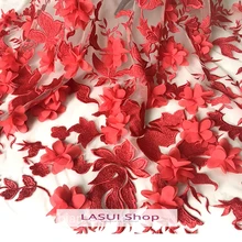 LASUI NEW 1 yard FOR Wedding dress skirt decorative cloth X0543 High quality RED 3D flower embroidered mesh lace fabric