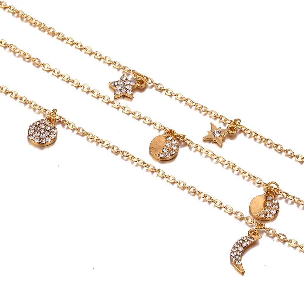 Золотое многослойное Кристальное колье ожерелье богемная многослойная подвеска Звезда Луна винтажное ожерелье Женские Ювелирные изделия вечерние подарки